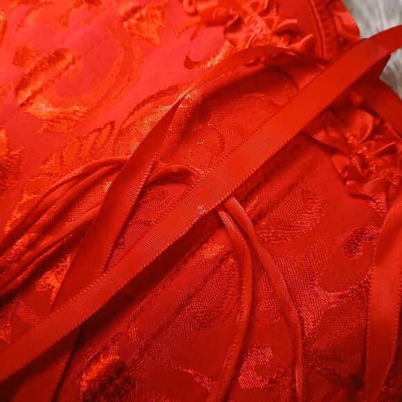 Red Brocade Corset Top Women’s L Satin Ribbon Lace Up Bustier Gothic Y2K V-Day - Picture 7 of 7
